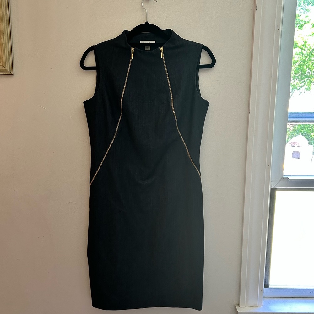 Calvin Klein Black Sleeveless Sheath Dress with Gold Zipper Detail